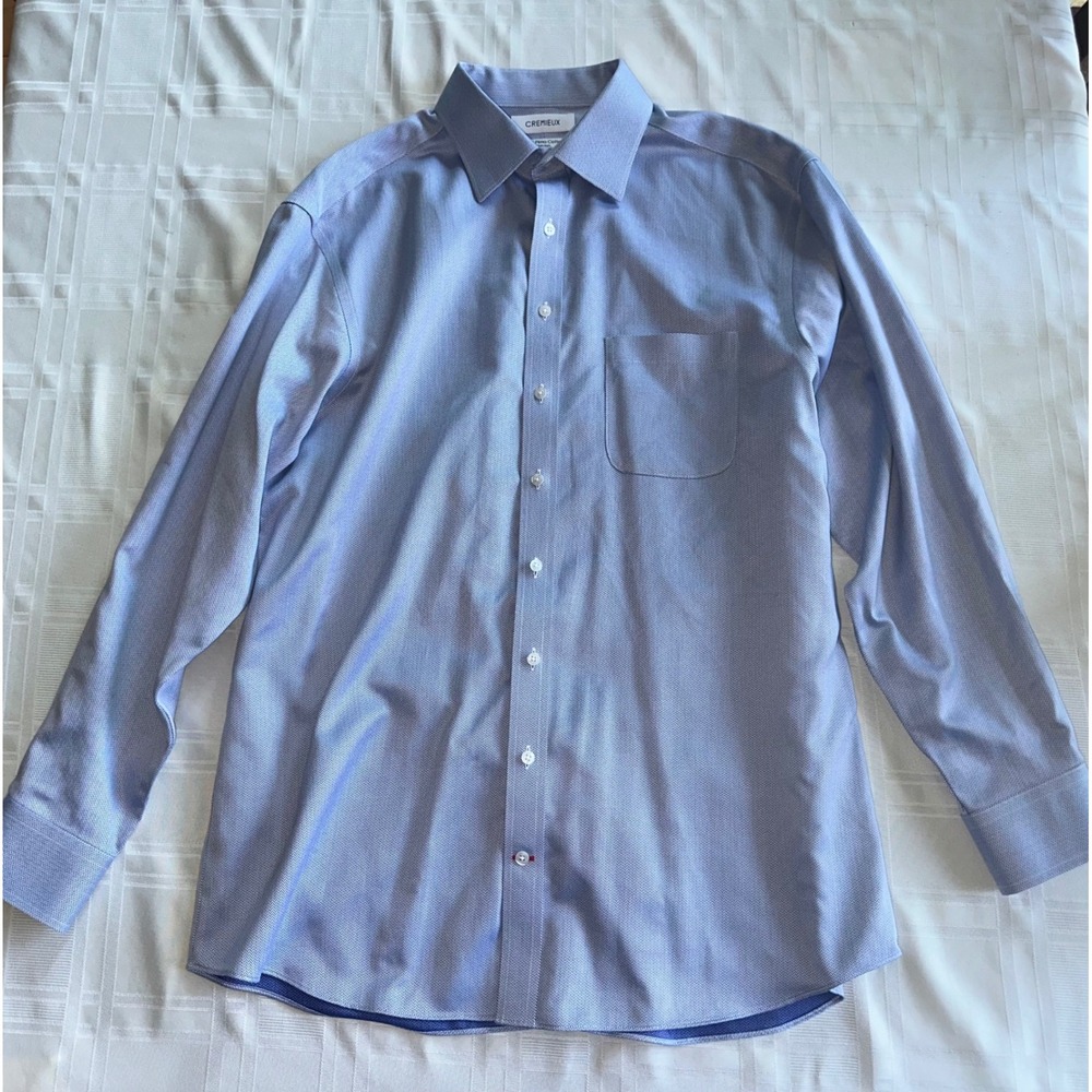 Cremieux Dress Shirt Mens 17 35 Blue Herringbone Pima Cotton Non-Iron Shirt